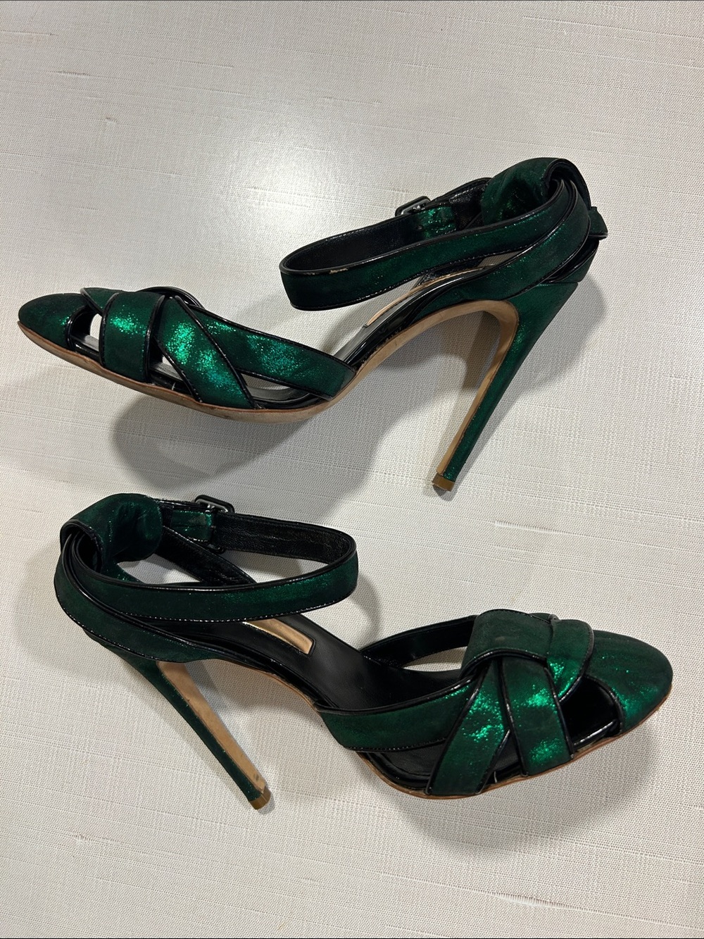 Vtg Rupert Sanderson Metallic Emerald Green Strappy High Heels